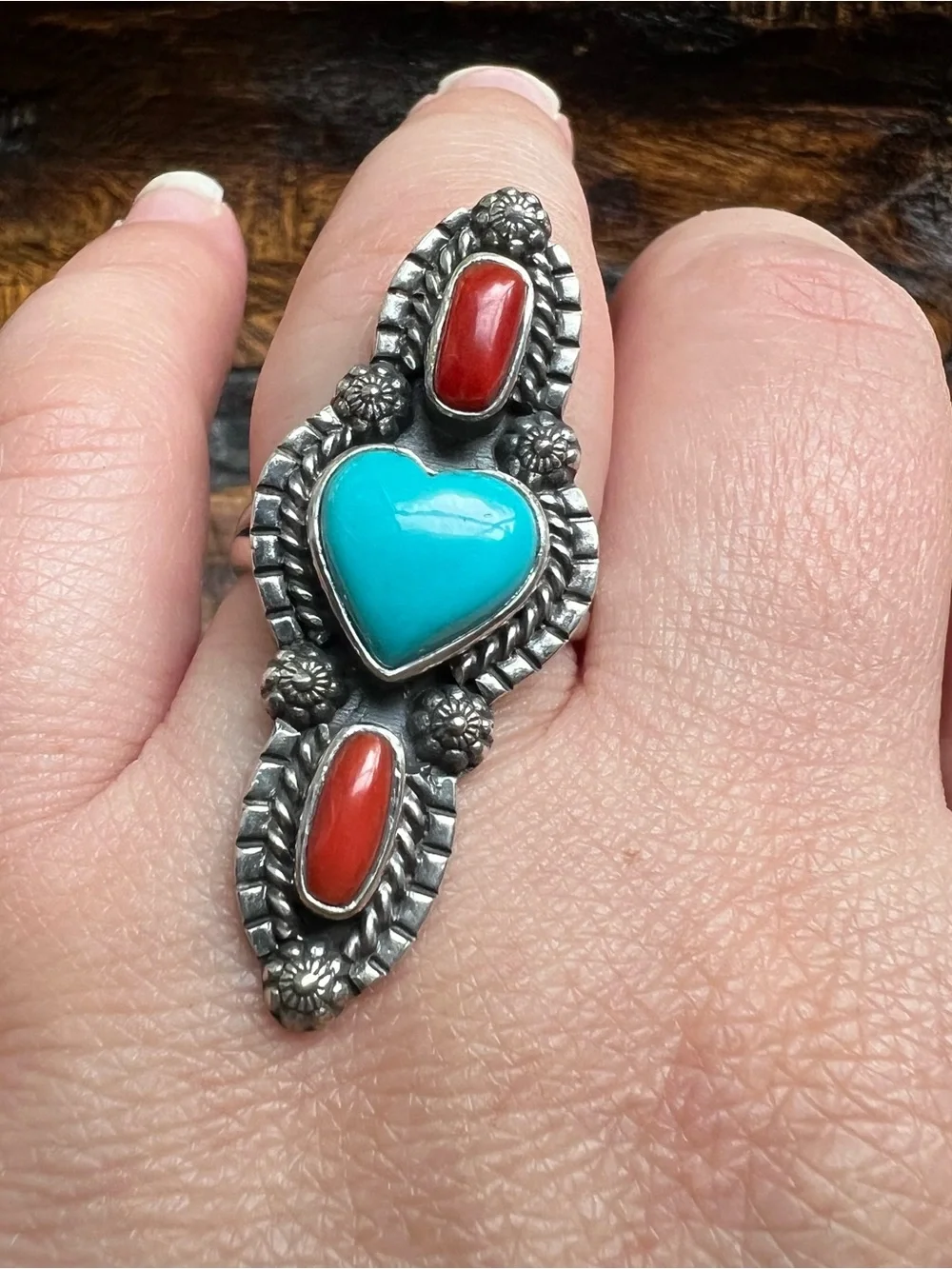 Sterling Kingman Turquoise Heart Italian Red Coral Ring Size 8